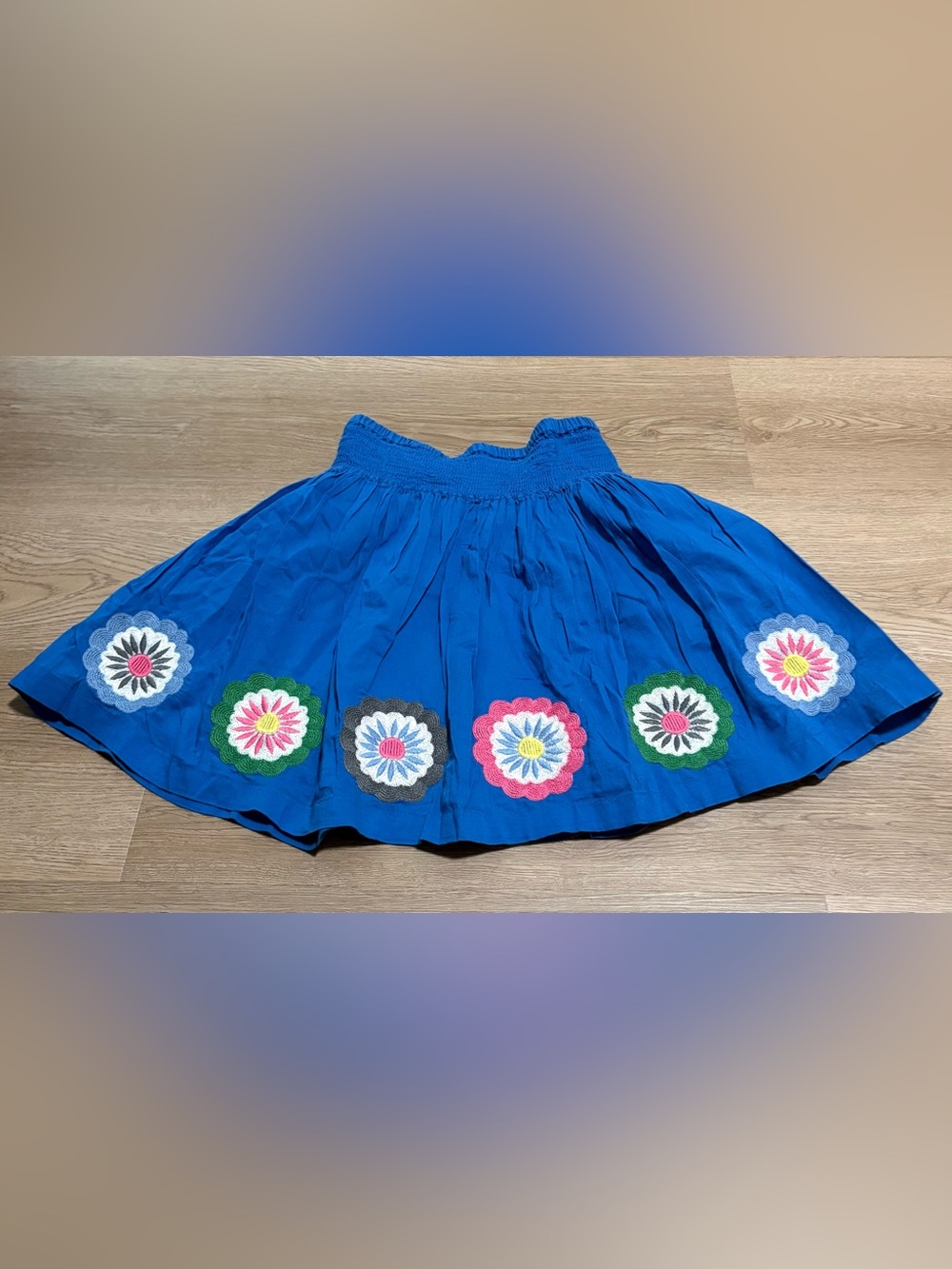 Mini Boden Bright Blue Skirt with Colorful Flower Appliqués